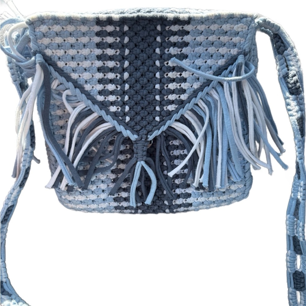 Blue and White Woven Crossbody Bag with Fringe